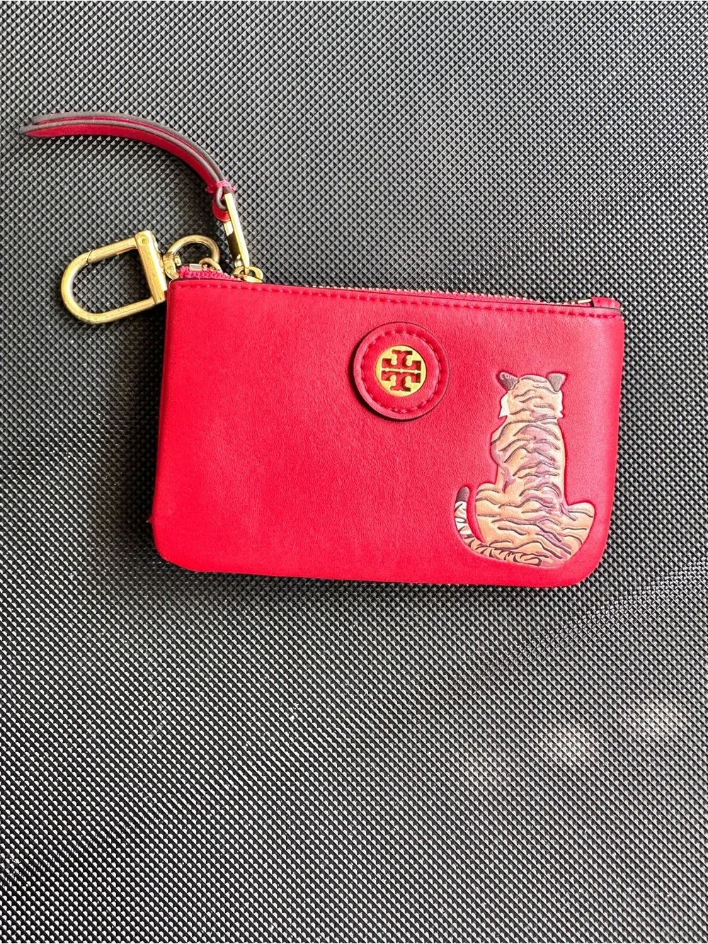 Tory Burch Red Leather Zip Card Holder with Tiger Emboss